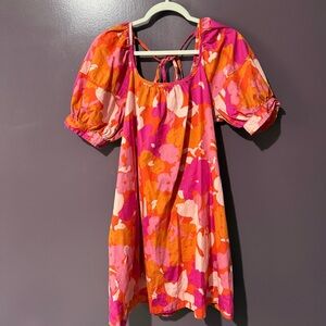 100% Cotton Floral Pink and Orange Dress with Pockets